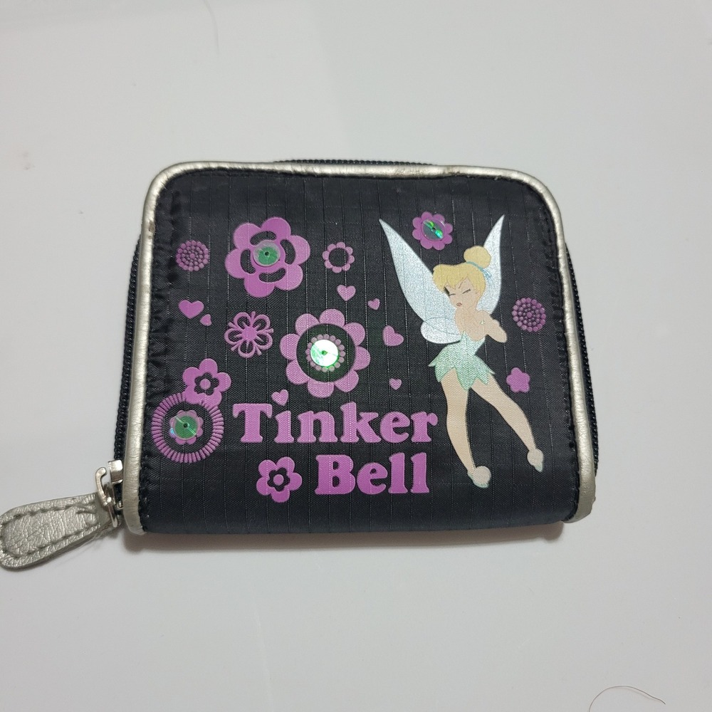 Disney Tinker Bell Zip Around Wallet Black Purple Floral Fairy Sequin ID Window